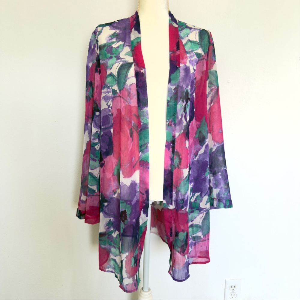 Susan Graver Style Kimono Wrap Floral Boho Flowy Cover Up Artsy Whimsy Glam L